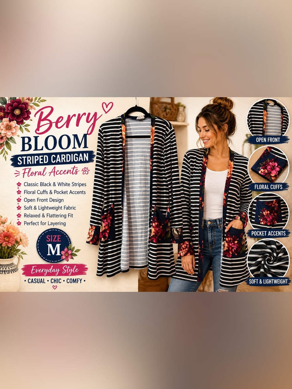 Betsys boutique Black & White Striped Cardigan with navy Floral Accents